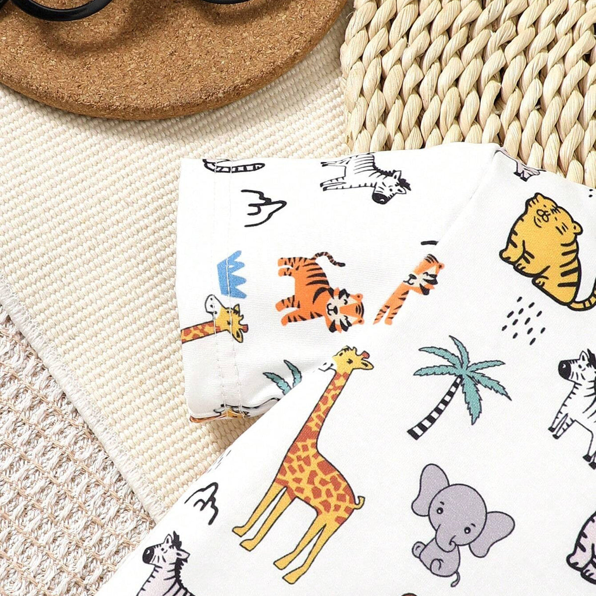 2PCS Cute Animal Printed Top And Embroidered Denim Overalls Baby Set