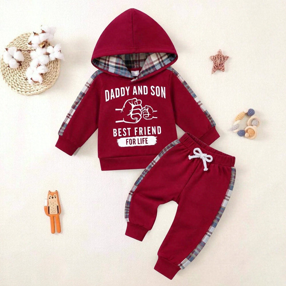 2PCS Daddy and Son Letter Plaid Print Long Sleeve Hoodie Baby Boy Set