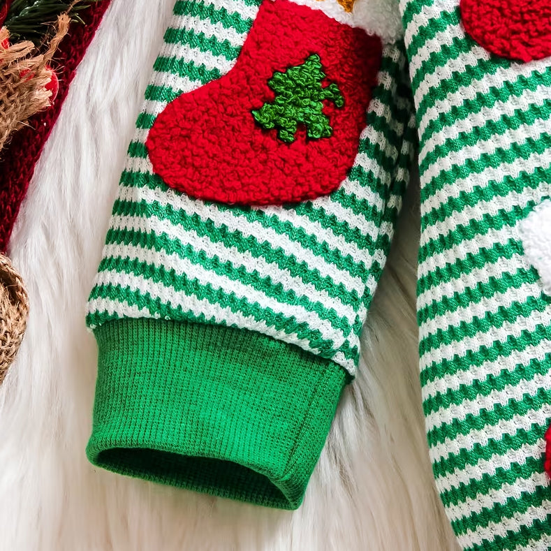 2PCS Lovely Christmas Sock Applique Striped Baby Girl Romper