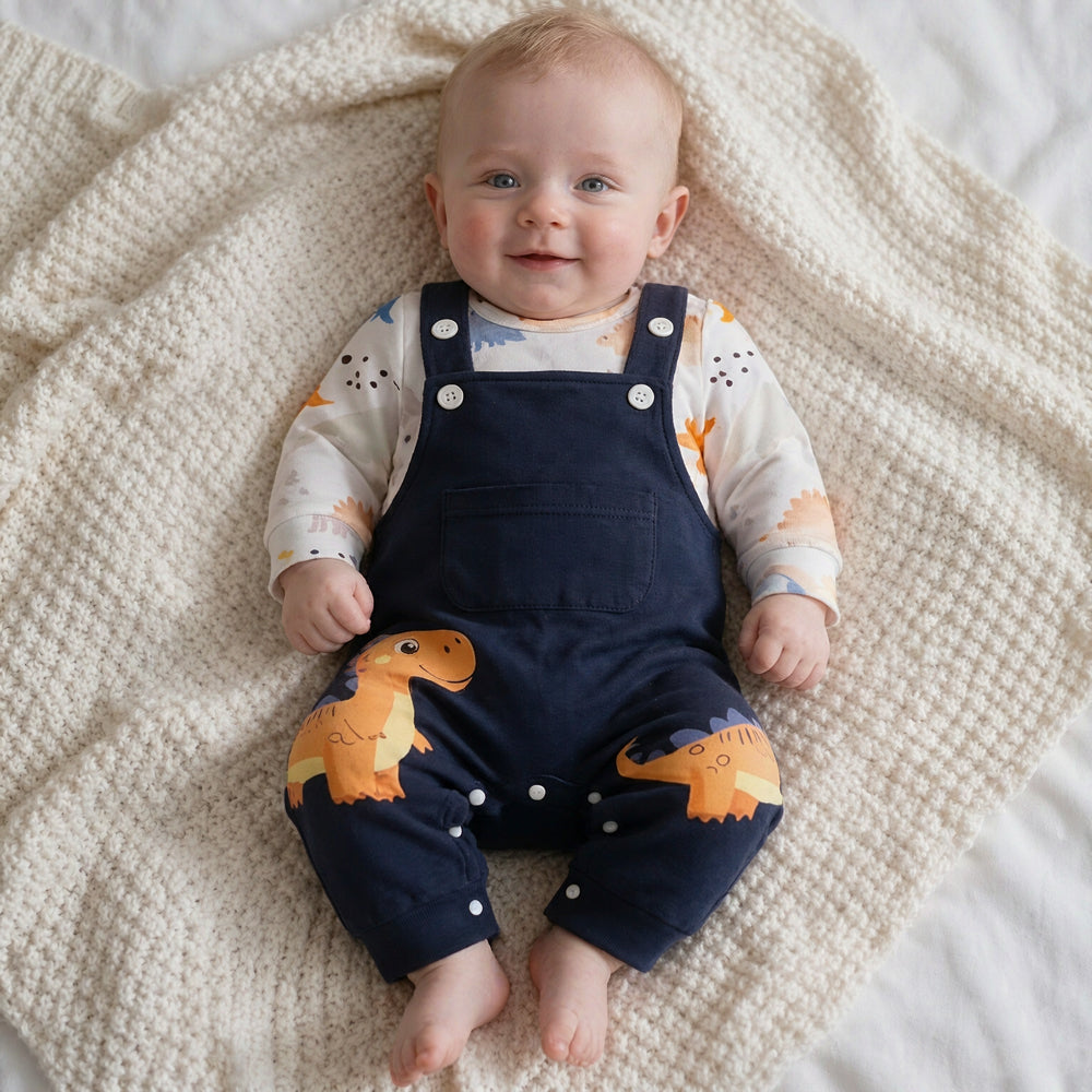 Cute Dinosaur Print Faux Two Piece Long Sleeve Baby Boy Jumpsuit