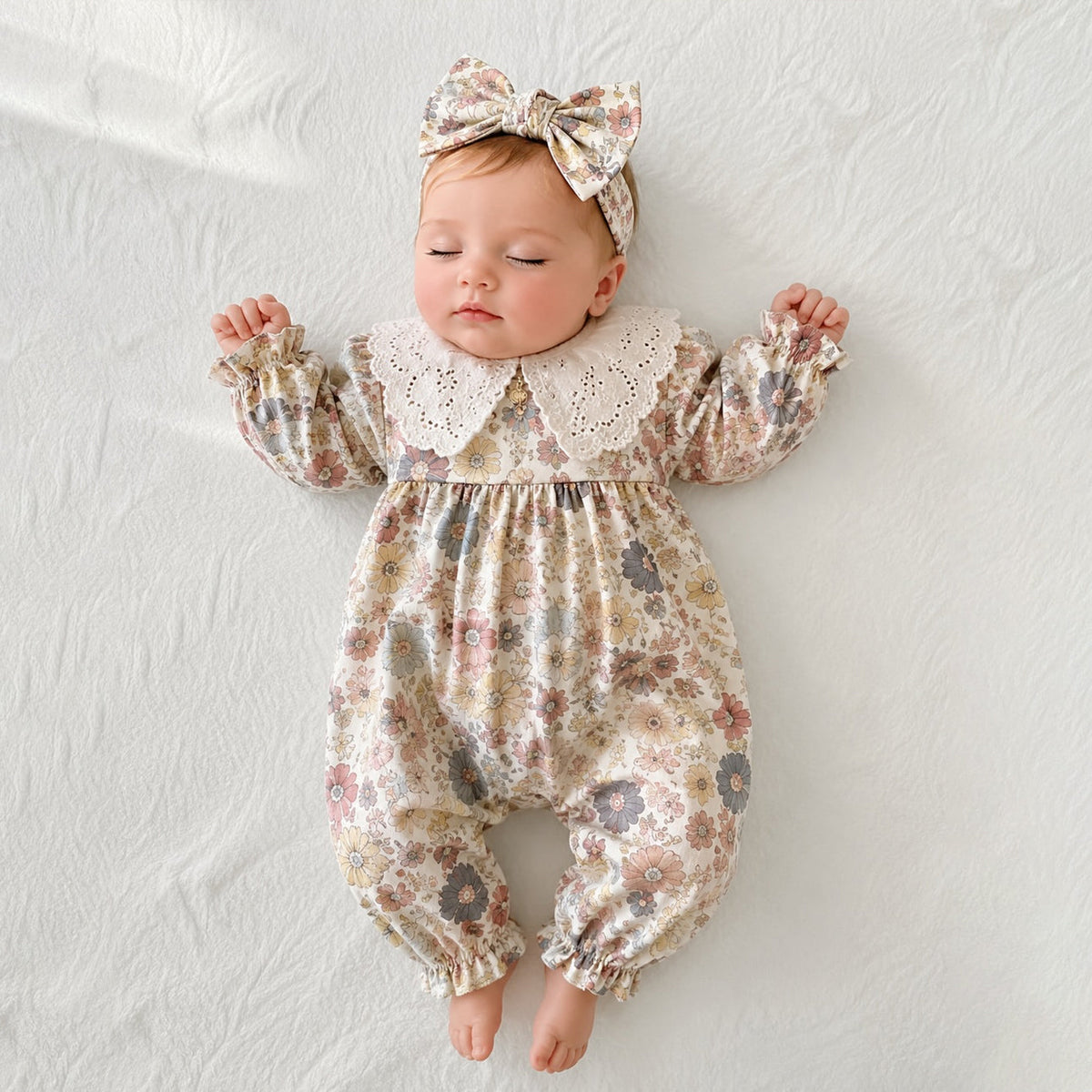 2PCS Pastoral Floral Print Scalloped Lace Yoke Long Sleeve Girl Jumpsuit