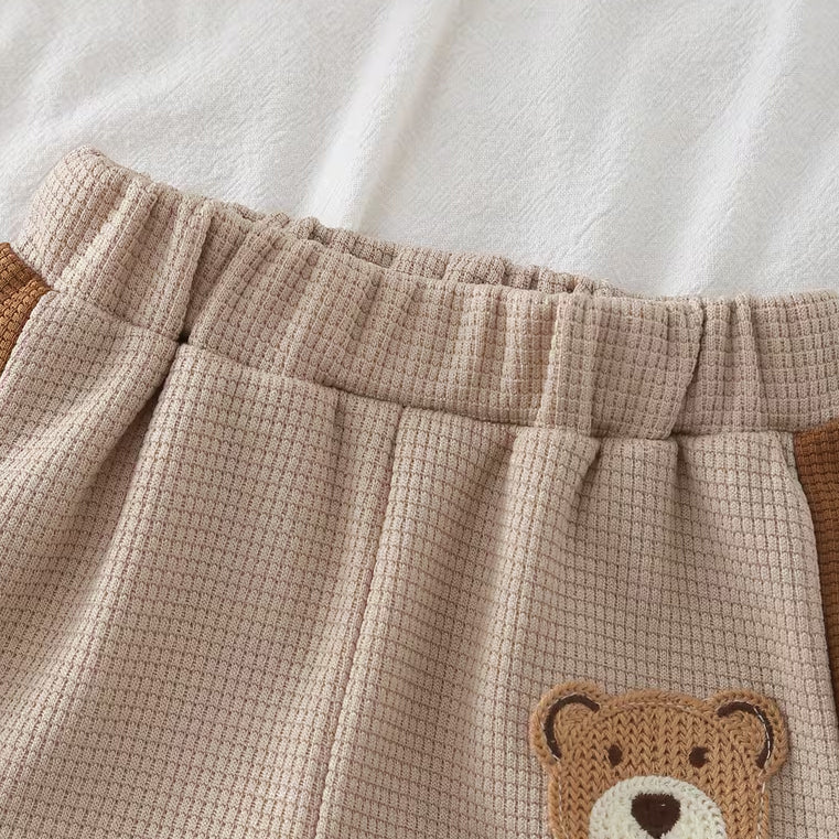 2PCS Casual Bear Applique Colorblock Baby Boy Waffle Set