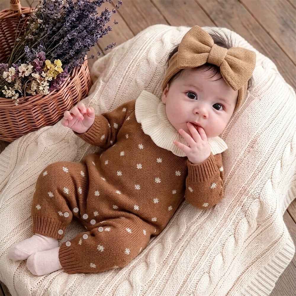 Vintage Ruffle Collar Polka Dot Print Long Sleeve Knit Baby Jumpsuit
