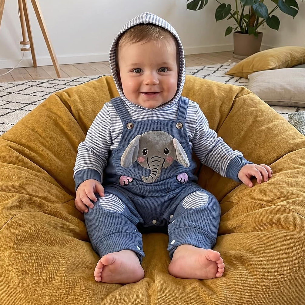 Faux Two Piece Elephant Stripe Print Long Sleeve Baby Hoodie Jumpsuit