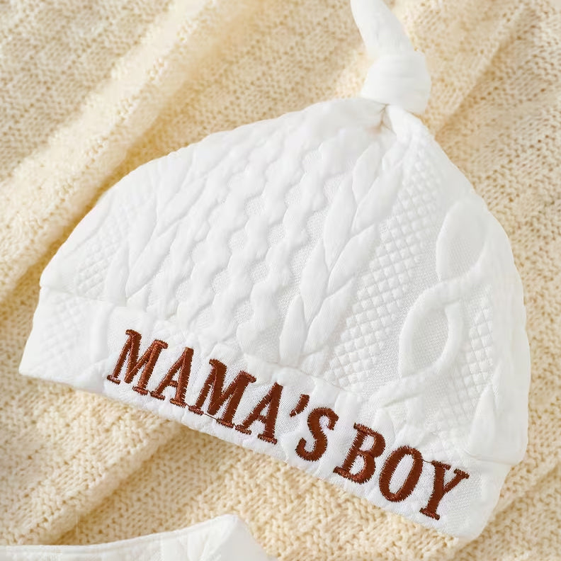 2PCS Cozy "Mama's Boy" Bear Applique Long Sleeve Knitted Baby Jumpsuit