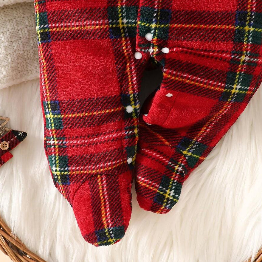 Cute 3D Ear Plaid Printed Long Sleeve Hooded Baby Fleece Jumpsuit