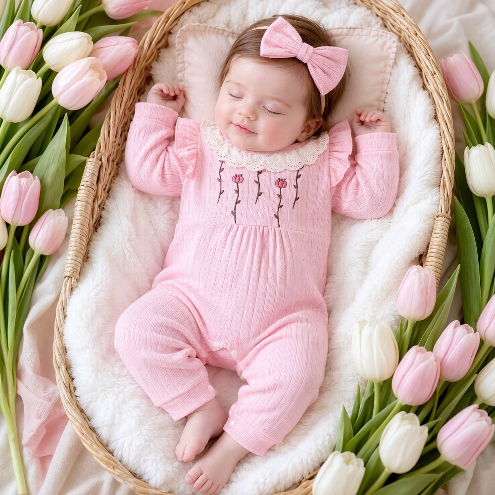 Sweet Ruffle Collar Floral Embroidery Long Sleeve Baby Jumpsuit