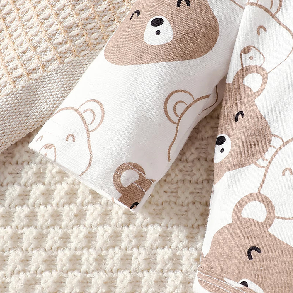 3PCS Casual Teddy Bear Print Long Sleeve Baby Set