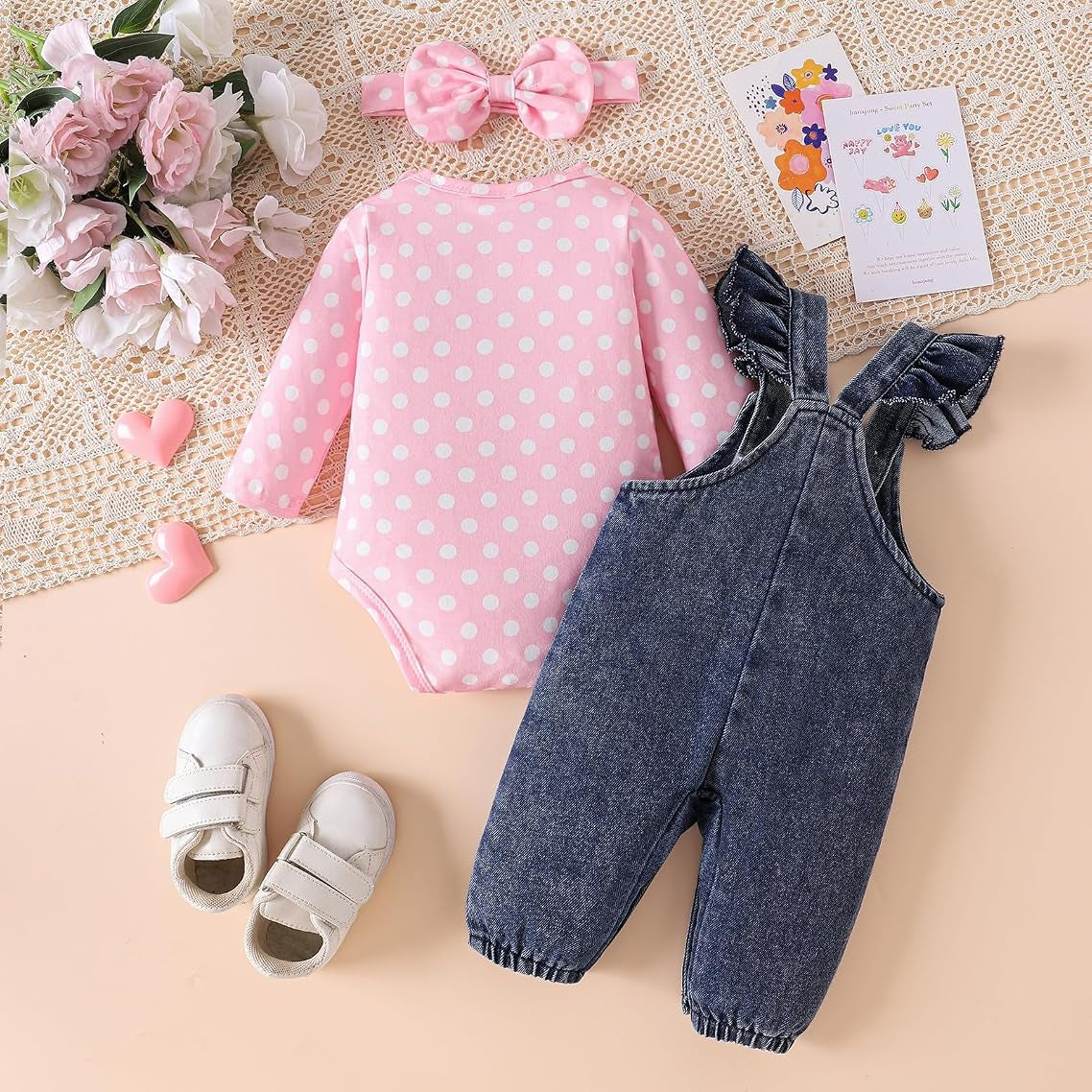 3PCS Sweet Polka Dots Print Elephant Embroidery Baby Overalls Set
