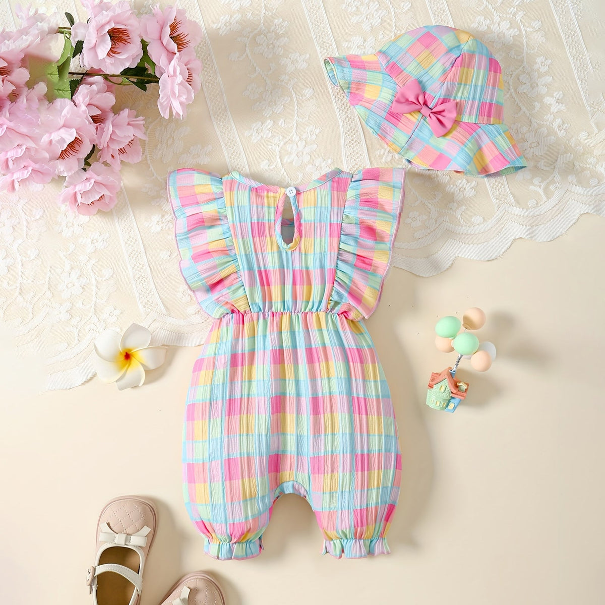 2PCS Pretty Plaid Printed Sleeveless Baby Jumpsuit