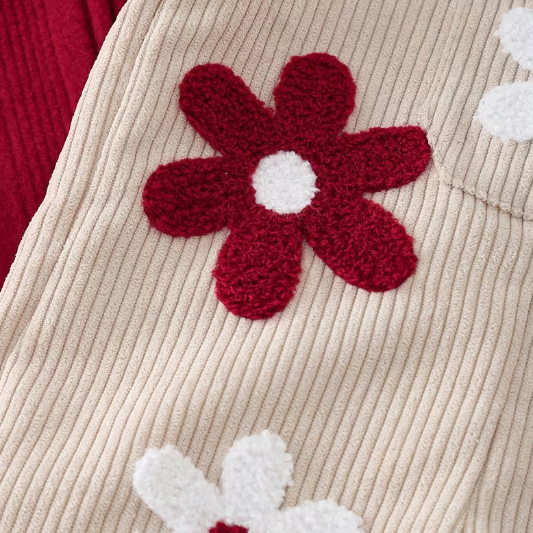 2PCS Vibrant Floral Applique Long Sleeve Baby Corduroy Overalls Set