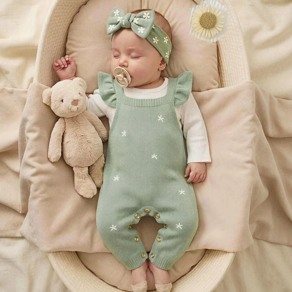 2PCS Sweet Floral Print Long Sleeve Knit Baby Girl Overalls Set