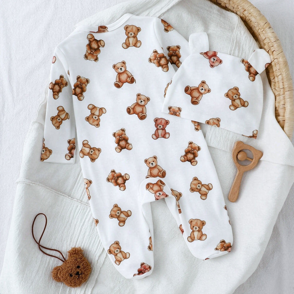 2PCS Casual Teddy Bear Print Long Sleeve Baby Jumpsuit