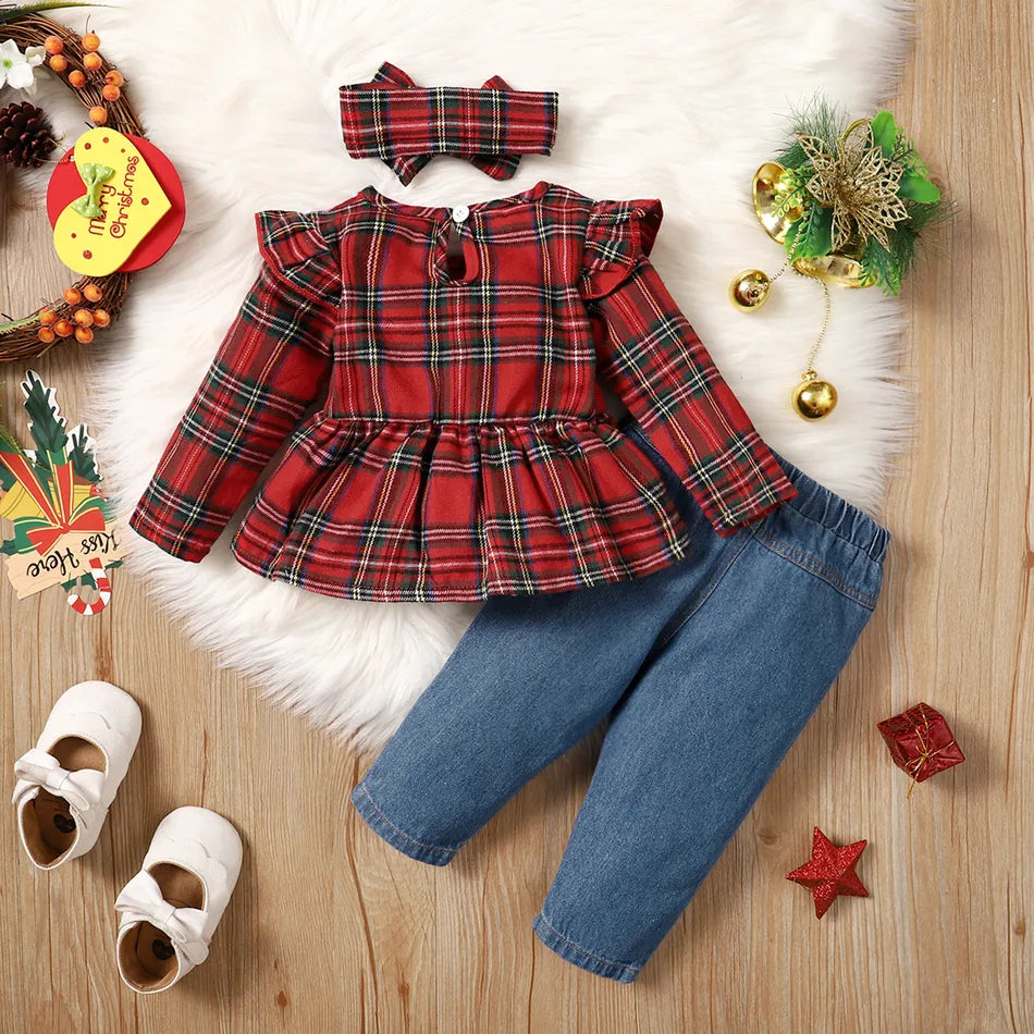 3PCS Plaid Printed Baby Denim Set