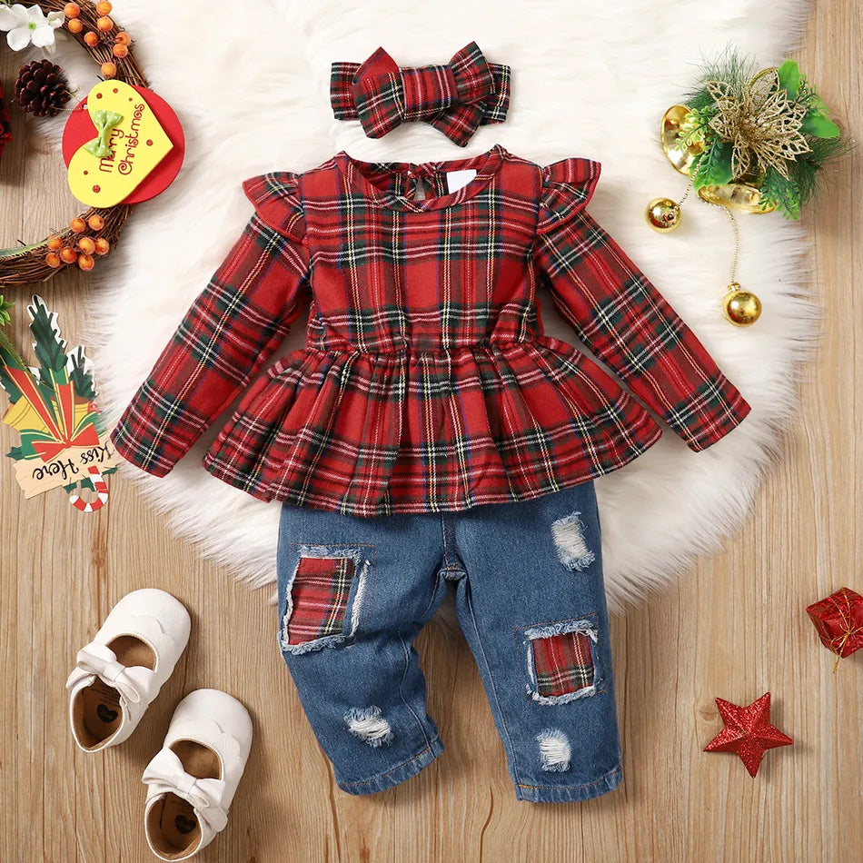 3PCS Plaid Printed Baby Denim Set
