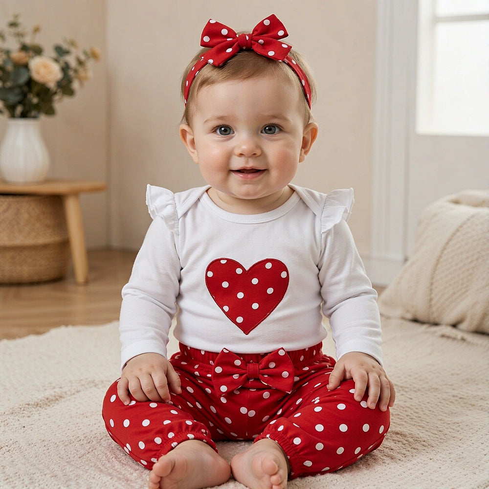 3PCS Newborn Baby Girl Heart-shaped Printed Long Sleeve Romper With Red Polka Dot Pants Set