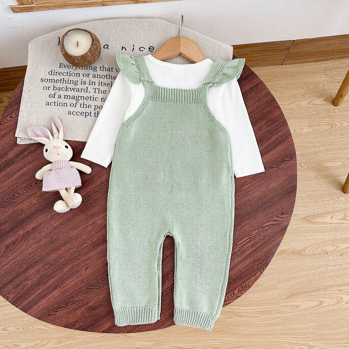 2PCS Sweet Floral Print Long Sleeve Knit Baby Girl Overalls Set