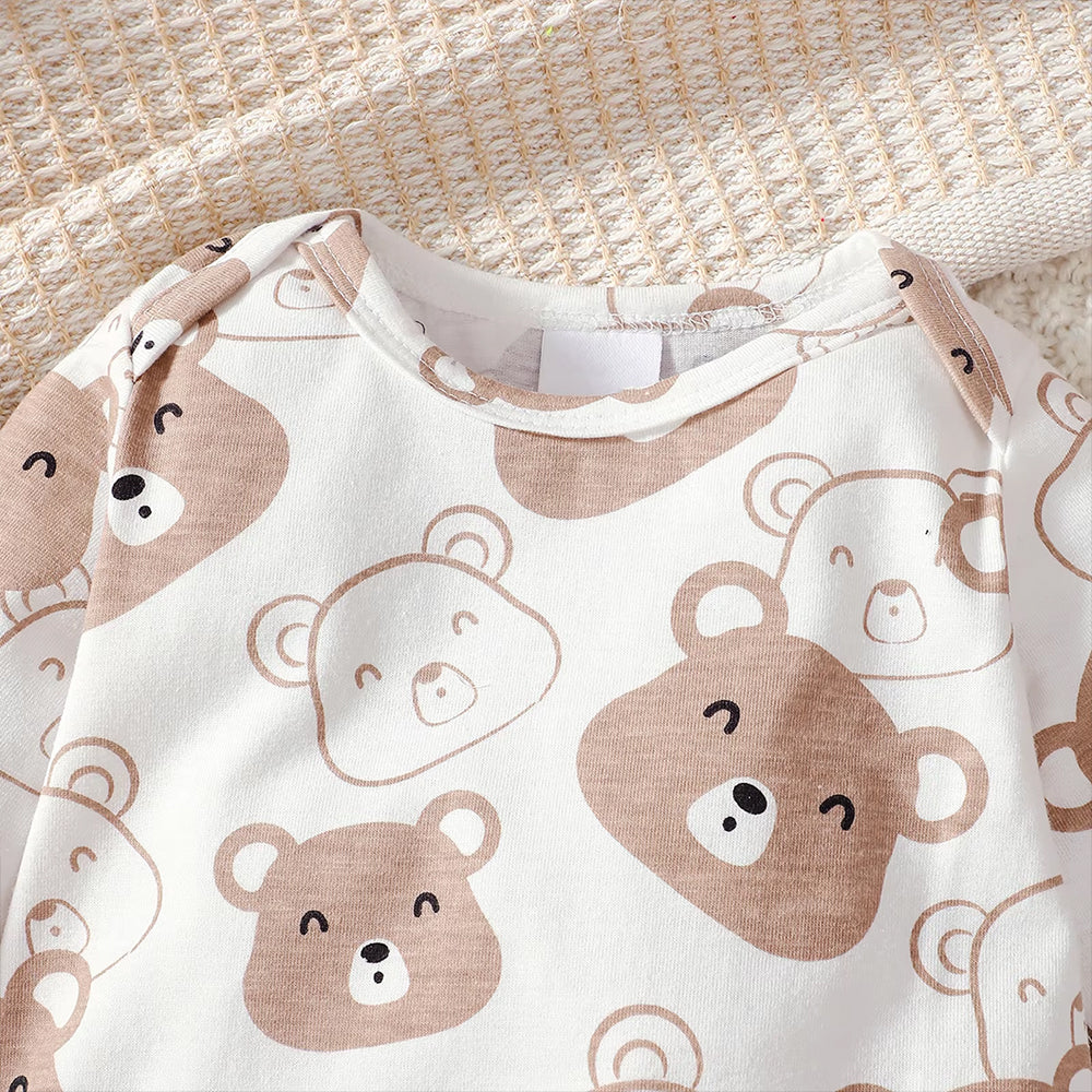 3PCS Casual Teddy Bear Print Long Sleeve Baby Set