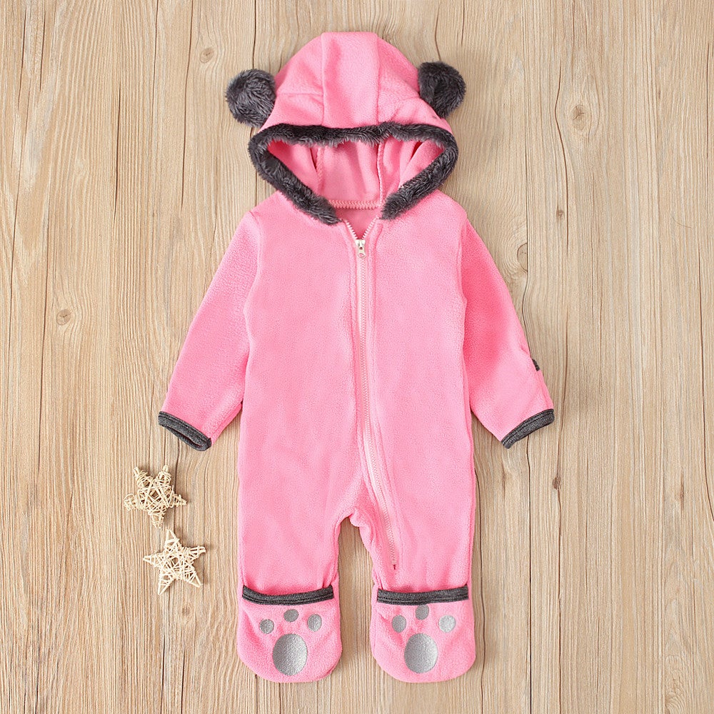 Newborn Baby Boy Girl Solid Color Cartoon 3D Bear Ear Long Sleeve Velvet Hoodie Jumpsuit