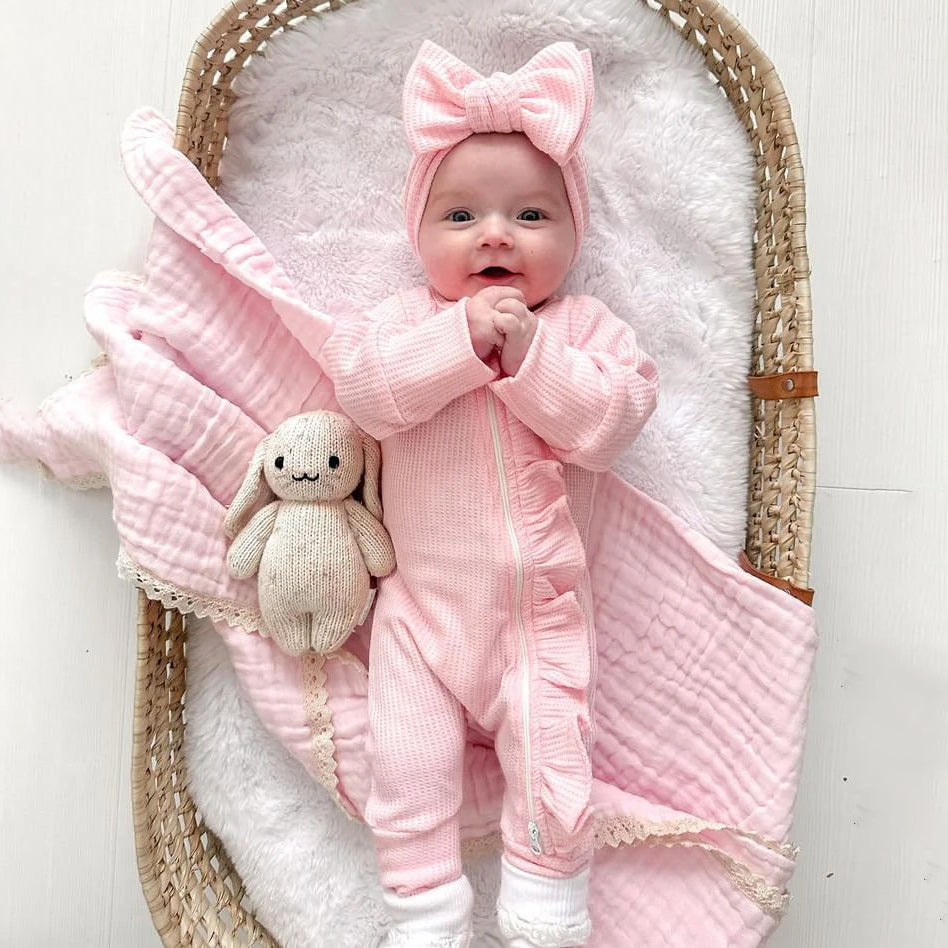 2PCS Solid Color Long Sleeve Ruffle Zipper Baby Jumpsuit