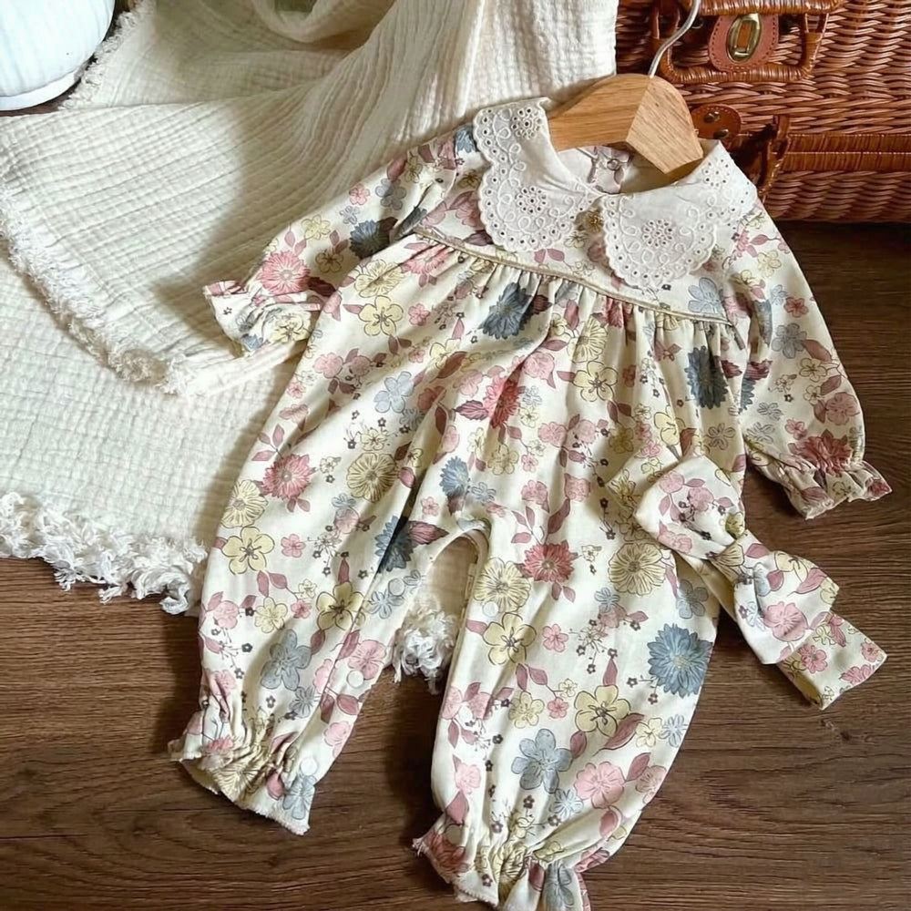 2PCS Pastoral Floral Print Scalloped Lace Yoke Long Sleeve Girl Jumpsuit