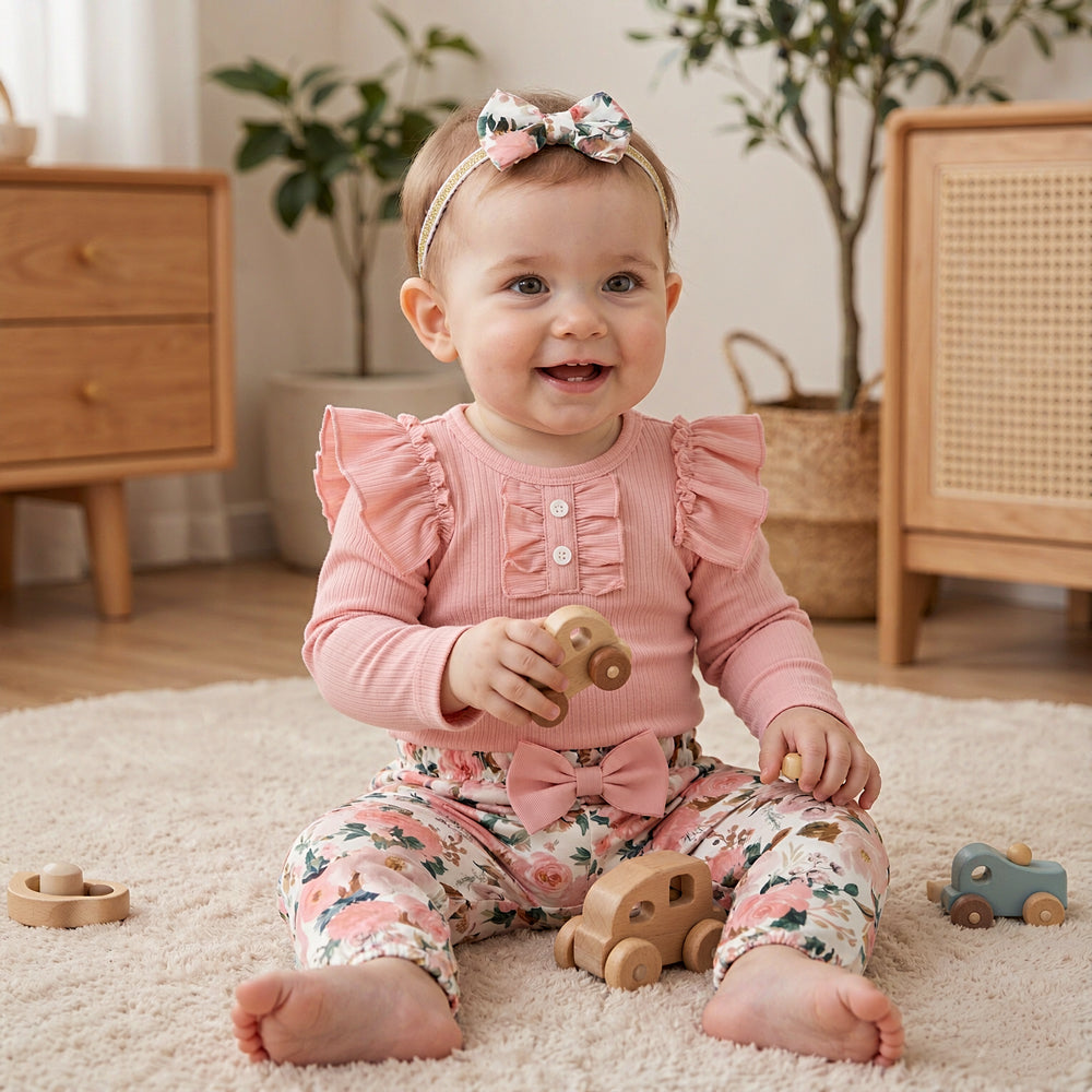 3PCS Elegant Floral Printed Long Sleeve Baby Set