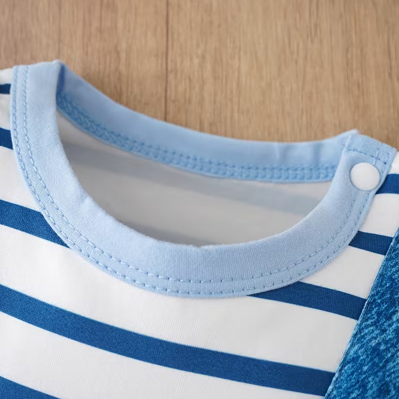 Lovely Puppy Stripe Print Faux Two Piece Baby Boy Jumpsuit