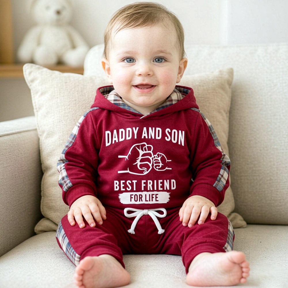 2PCS Daddy and Son Letter Plaid Print Long Sleeve Hoodie Baby Boy Set