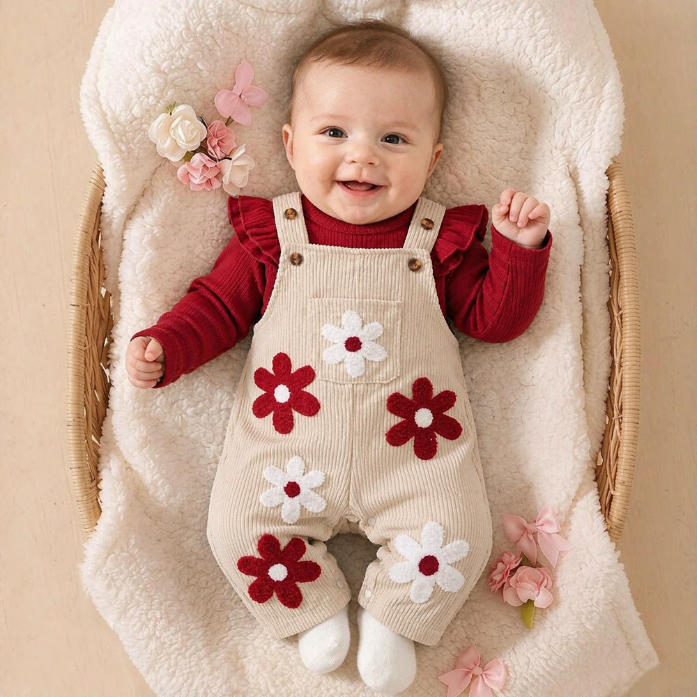 2PCS Vibrant Floral Applique Long Sleeve Baby Corduroy Overalls Set