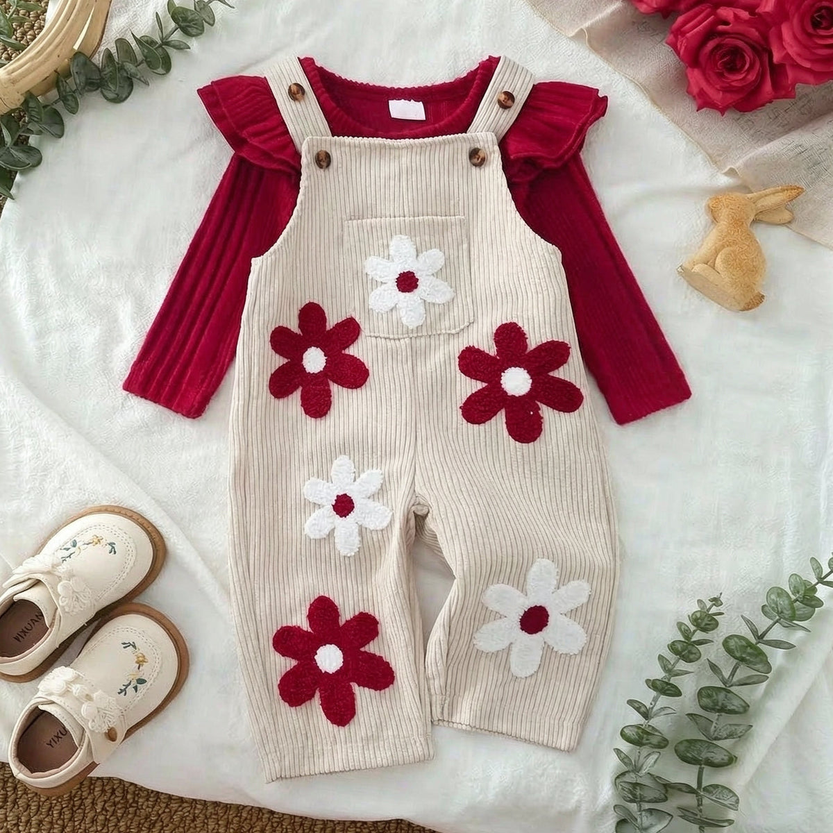 2PCS Vibrant Floral Applique Long Sleeve Baby Corduroy Overalls Set