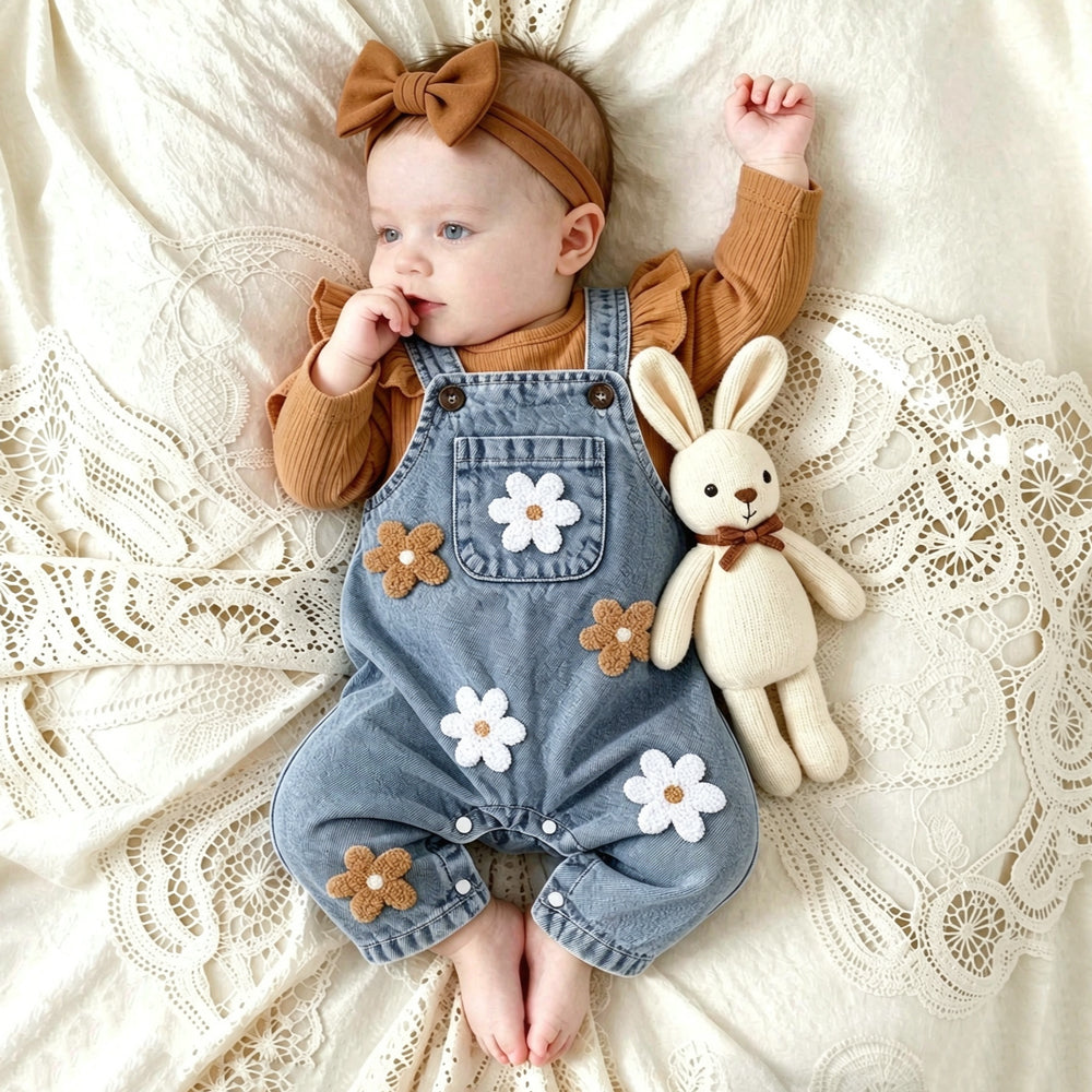 2PCS Pretty Floral Applique Long Sleeve Baby Denim Overalls Set