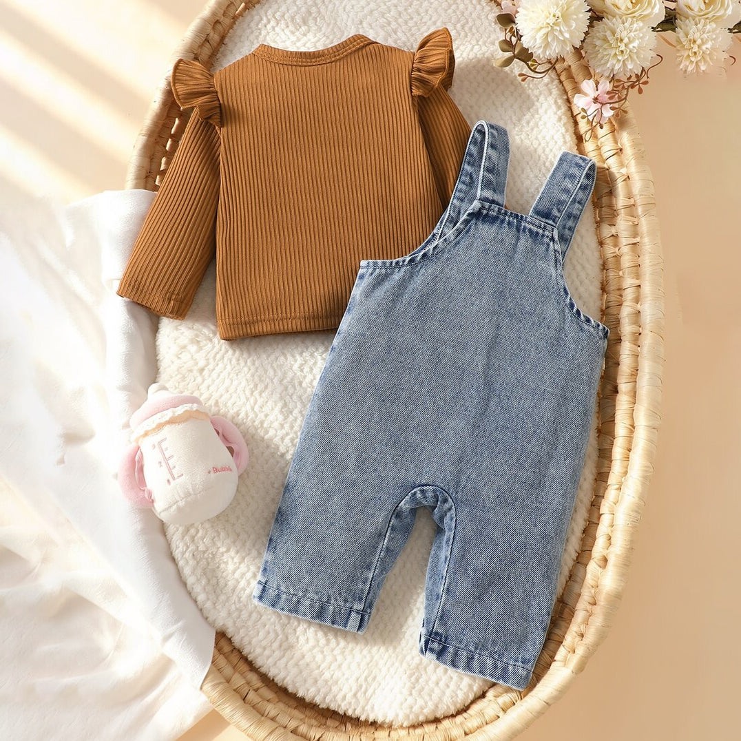 2PCS Pretty Floral Applique Long Sleeve Baby Denim Overalls Set