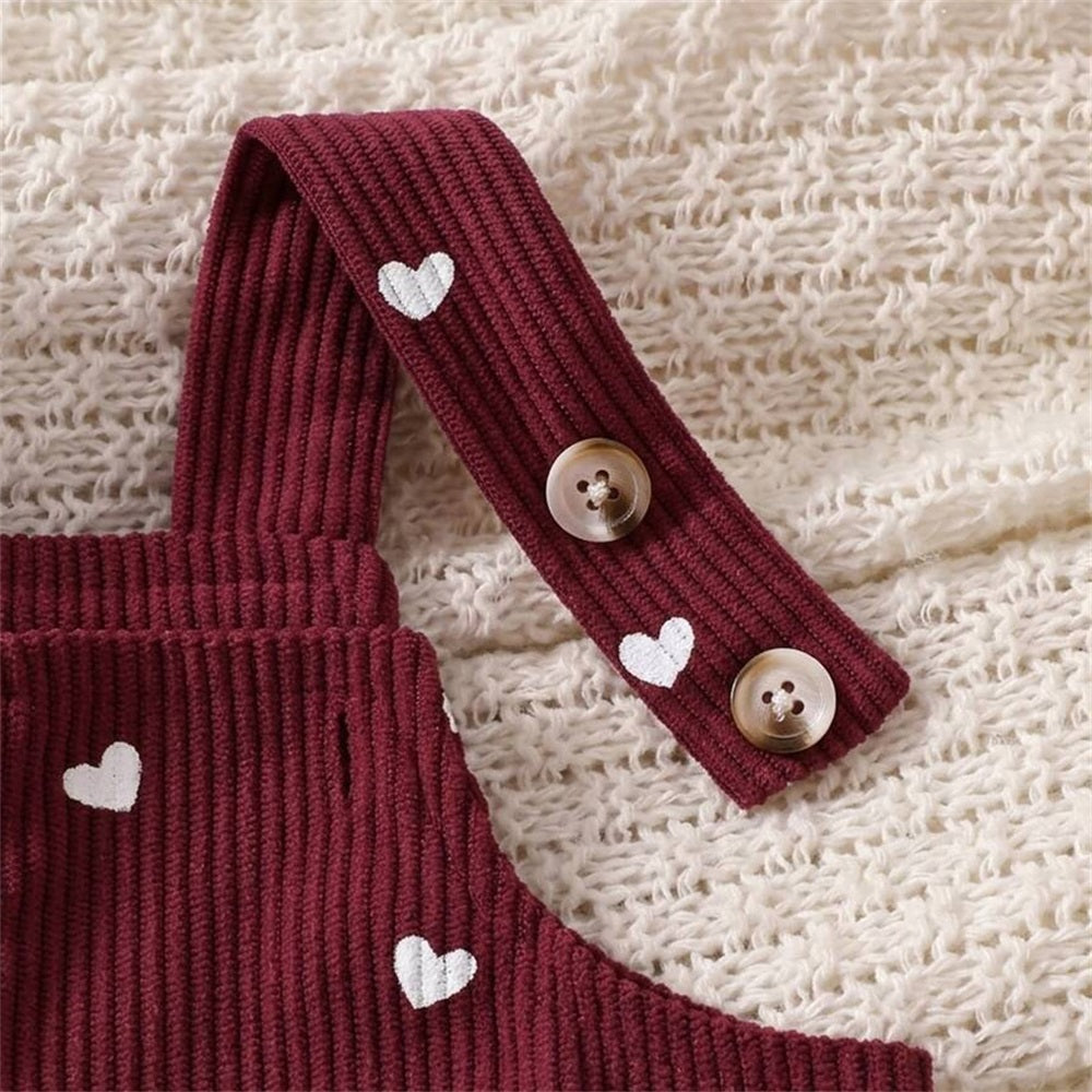 2PCS Bear Applique Heart Print Long Sleeve Corduroy Baby Overalls Set