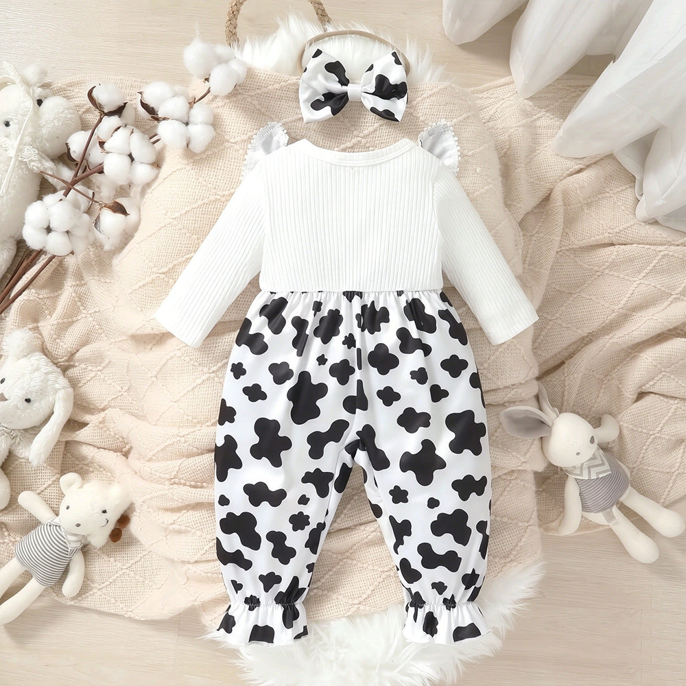 2PCS Chic Cow Print Ruffle Decor Long Sleeve Baby Girl Jumpsuit
