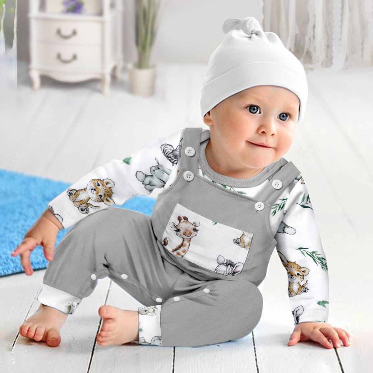2PCS Cute Animal Printed Long Sleeve Overalls Baby Set