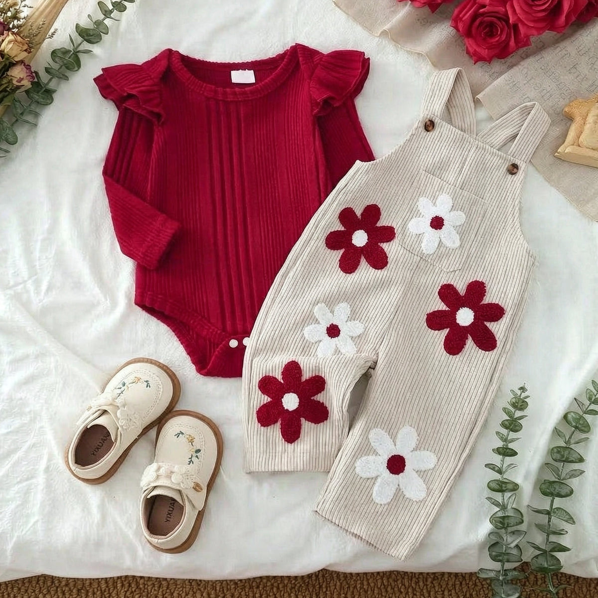 2PCS Vibrant Floral Applique Long Sleeve Baby Corduroy Overalls Set