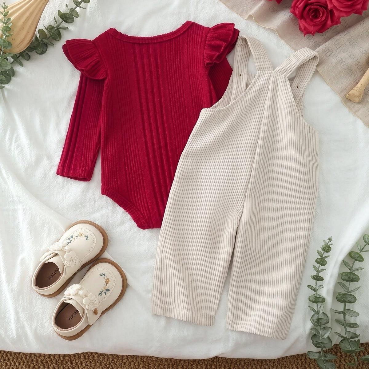 2PCS Vibrant Floral Applique Long Sleeve Baby Corduroy Overalls Set