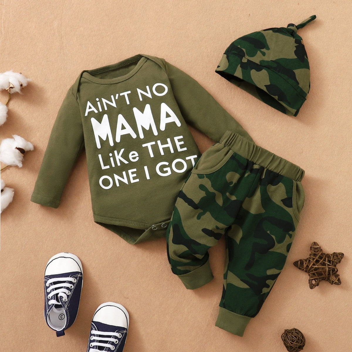 3PCS Ain't No Mama Like The One I Got Letter Camouflage Printed Baby Set