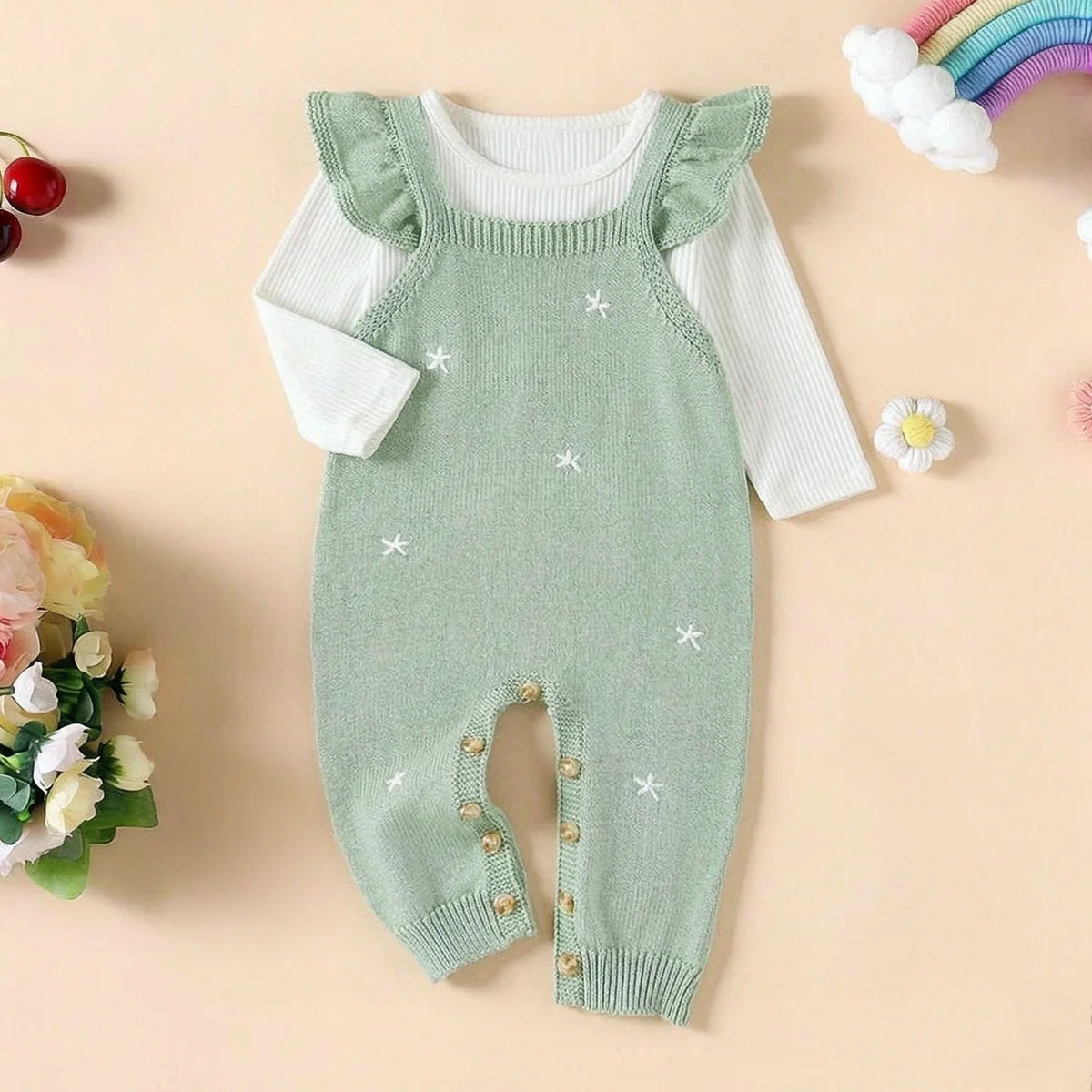 2PCS Sweet Floral Print Long Sleeve Knit Baby Girl Overalls Set